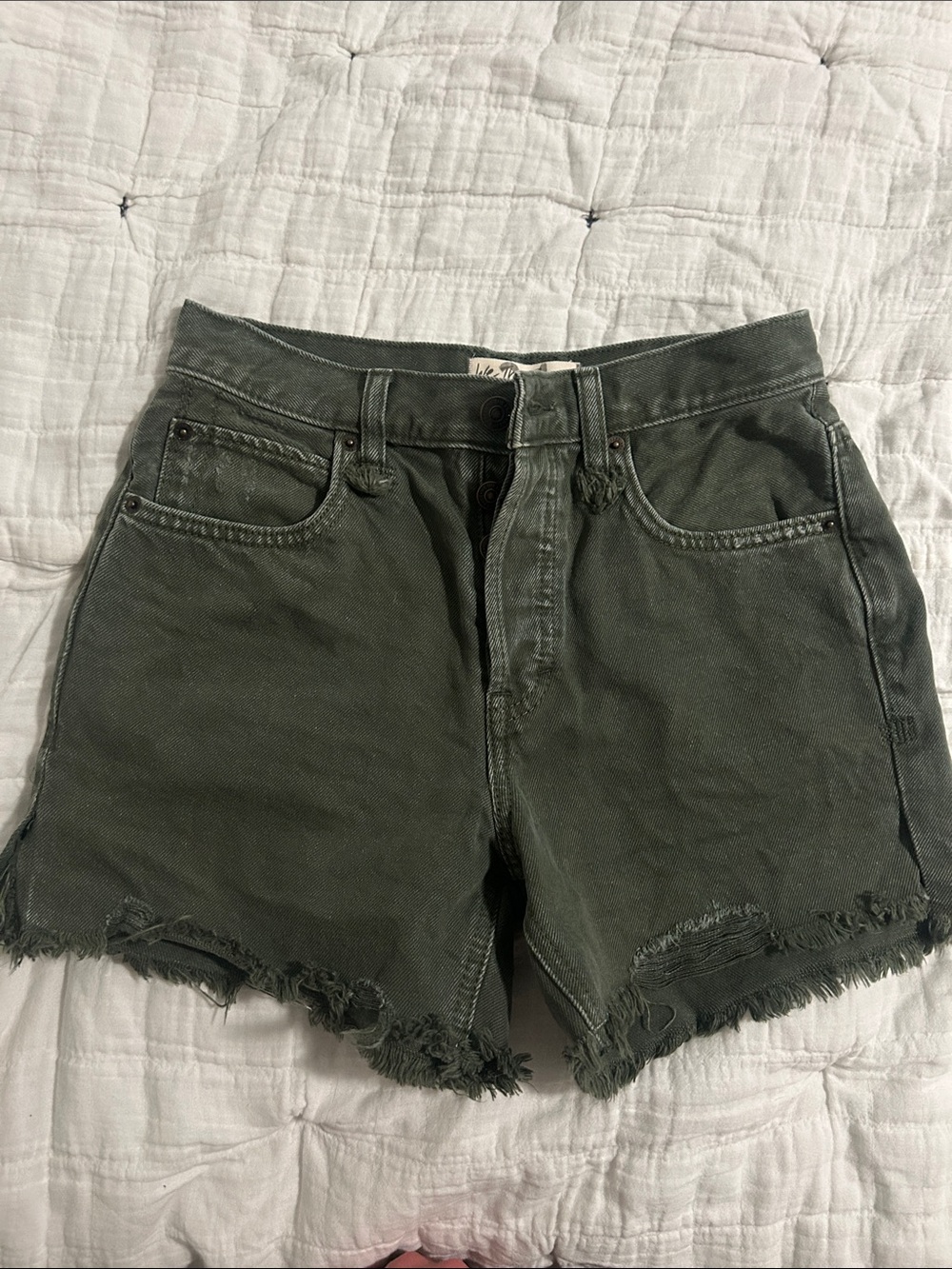 We The Free Olive Green Distressed Denim Jean Shorts